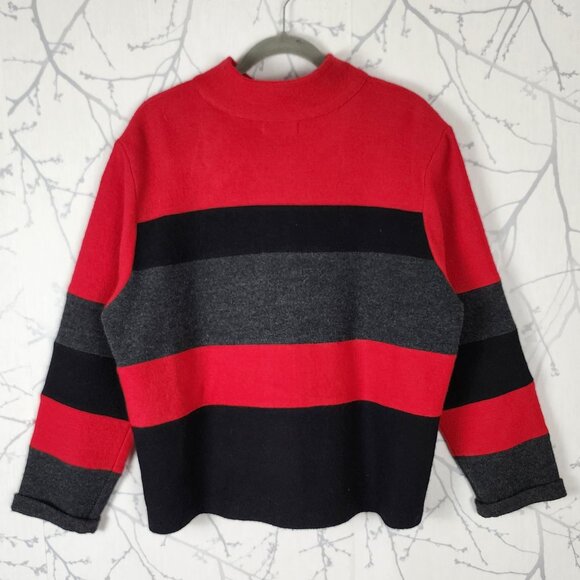 Karl Lagerfeld Red Colorblock Stripe 50% Boiled Wool Snap Closure Cardigan - Picture 2 of 5